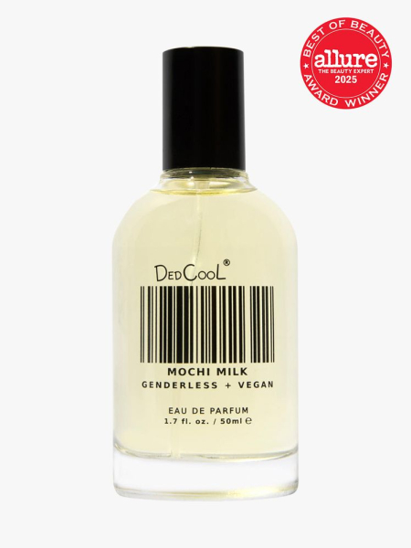 Mochi Milk Fragrance in branded glass bottle with black cap on light gray background with red Allure Best of Beauty seal in the top right corner