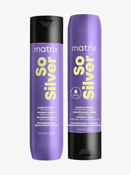 Matrix So Silver Purple Shampoo and Conditioner in branded bottle components on a light gray background